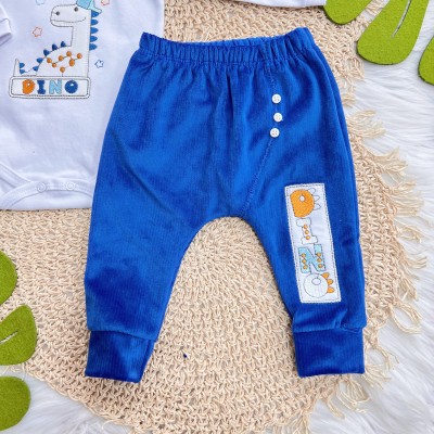 Conj. Body Manga Longa e Calça Saruel em Plush Dino - Off White e Azul Royal